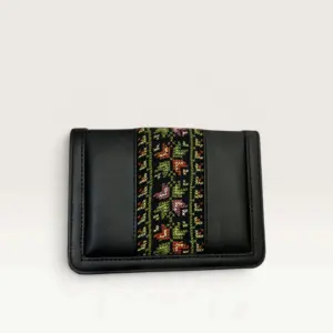 Black Square Crossbody Bag with olive and rust stepped geometric band, 20 x 14 cm