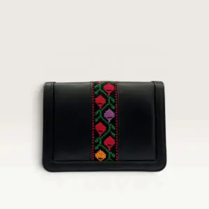 Black Square Crossbody Bag with colorful tulip-inspired vertical embroidery, 20 x 14 cm