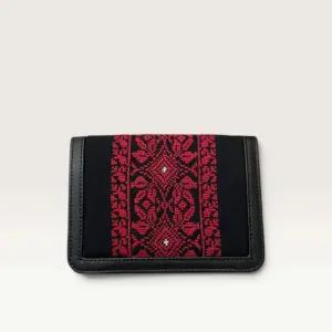 Black Square Crossbody Bag with red geometric cross-stitch panel, 20 x 14 cm