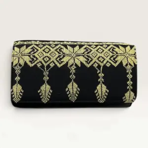 Black Rectangular Crossbody Bag with gold botanical border embroidery, 24 x 13 cm
