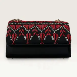 Black Rectangular Crossbody Bag with red and white village tassel embroidery, 25 x 15 cm