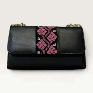 Black Rectangular Crossbody Bag with pink geometric diamond band, 25 x 15 cm