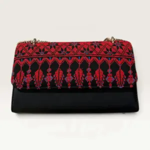Black Rectangular Crossbody Bag with red village-inspired full flap embroidery, 25 x 15 cm