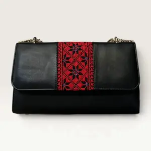 Black Rectangular Crossbody Bag with red geometric rosette embroidery, 25 x 15 cm