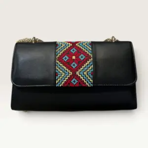 Black Rectangular Crossbody Bag with turquoise and red diamond embroidery, 25 x 15 cm