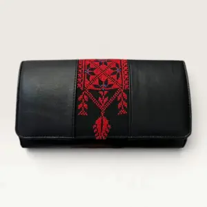 Black Rectangular Crossbody Bag with red pendant-inspired vertical embroidery, 24 x 13 cm