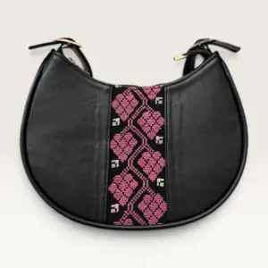 Black Half-Moon Shoulder Bag with pink diamond and vine embroidery, 25 x 17 cm