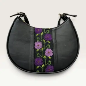 Black Half-Moon Shoulder Bag with purple floral embroidery with green vines, 25 x 17 cm