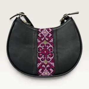 Black Half-Moon Shoulder Bag with magenta floral medallion embroidery, 25 x 17 cm