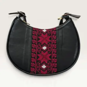 Black Half-Moon Shoulder Bag with red star and diamond embroidery, 25 x 17 cm