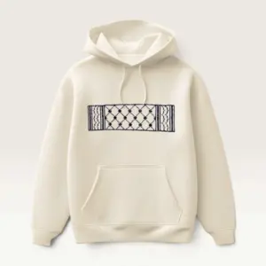 Hand-Embroidered Ivory Hoodie with Keffiyeh Panel