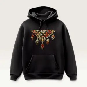 Hand-Embroidered Black Hoodie with Gold and Red Heritage Motif