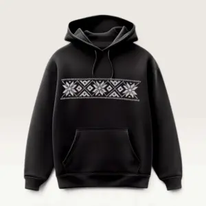 Hand-Embroidered Black Hoodie with White Heritage Band