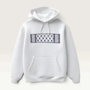 Hand-Embroidered White Hoodie with Keffiyeh Panel
