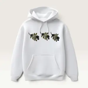 Hand-Embroidered White Hoodie with Olive Branch Motif