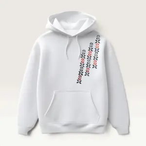 Hand-Embroidered White Hoodie with Vertical Heritage Motif