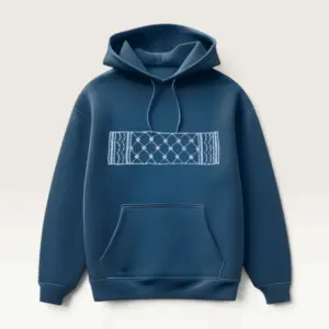 Hand-Embroidered Navy Blue Hoodie with Keffiyeh Panel
