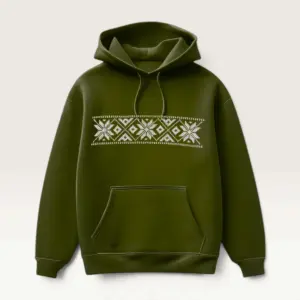 Hand-Embroidered Dark Green Hoodie with White Heritage Band