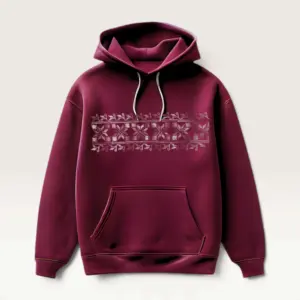Hand-Embroidered Burgundy Hoodie with Pink Floral Motif