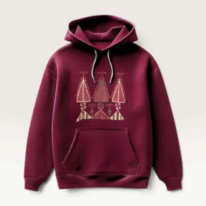 Hand-Embroidered Burgundy Hoodie with Beige Heritage Motif