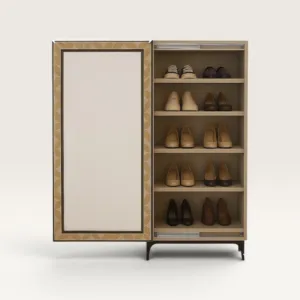 Handmade Aura Wood Shoe Cabinet with Full Mirror Gold 155cm