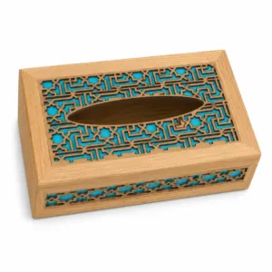 Handmade Solid Oak Wood Tissue Box Cover Beige & Turquoise - 23.5x11.5 cm