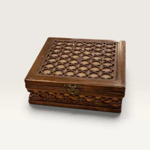 صندوق إكسسوارات يدوي من خشب البلوط البني الداكن، 20×20×8 سم
