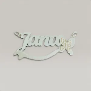Script Name Necklace with Butterfly and Curved Bar in 925 Sterling Silver
