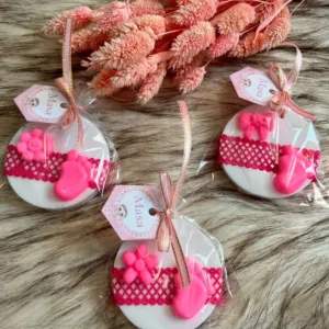 Handmade Personalized Baby Shower Soap Favors with Custom Colors & Scents - Pink Footprint & Ribbon