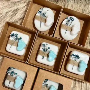 Handmade Personalized Baby Shower Soap Favors with Custom Colors & Scents - Blue Footprint Kraft Box