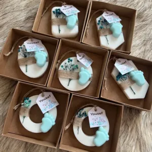 Handmade Personalized Baby Shower Soap Favors with Custom Colors & Scents - Blue Footprint Tag