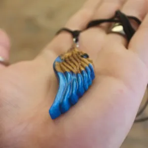 Angel Wing Olive Wood Blue Epoxy Handmade Pendant Necklace
