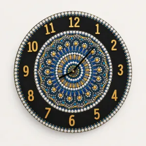 Black Mandala Wall Clock with Blue and Gold Center – Multiple Sizes