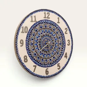 Hand-Painted White Mandala Wall Clock with Blue Dot Pattern – Multiple Sizes