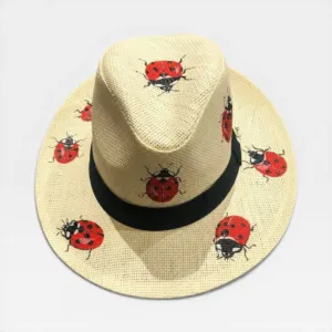 Personalized Ladybug Boho Straw Hat with Summer Hand Art