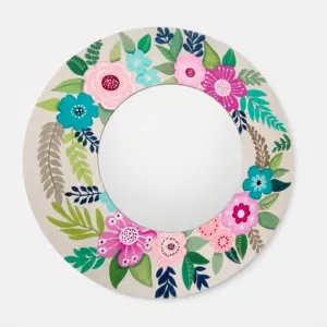 Pink Blue Hand-Painted Decorative Mirror on Wooden Base