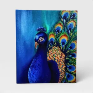 Hand-Painted Peacock Canvas Wall Art with Royal Blue Tones