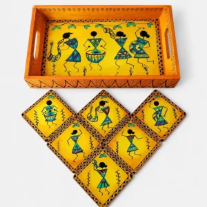 Hand-Painted African Wooden Tray Set with Six Coasters Decor