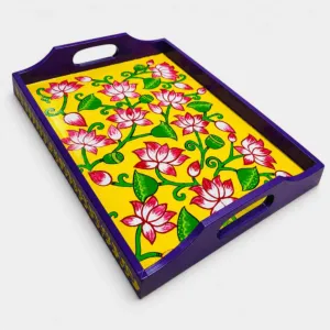 Hand-Painted Lotus Wooden Serving Tray with Yellow Base