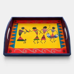 African Style Heavy Wooden Serving Tray with Hand Art Design