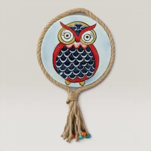 Red Colorful Owl Hand-Painted Round Wooden Wall Art Decor