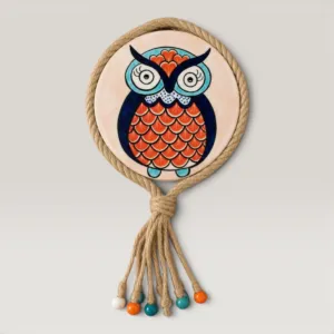 Navy Colorful Owl Hand-Painted Round Wooden Wall Art Decor