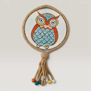 Orange Colorful Owl Hand-Painted Round Wooden Wall Art Decor