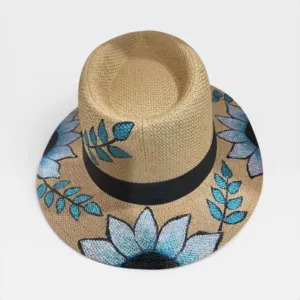Personalized Blue Floral Boho Straw Hat with Summer Hand Art