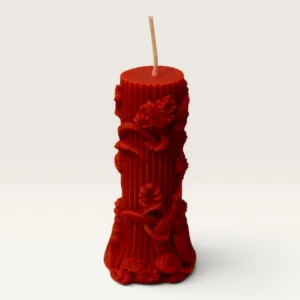 Handmade Floral Carved Column Candle in Red – 100 g