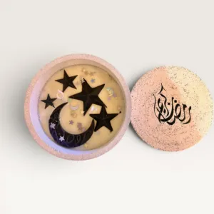 Handmade Crescent Moon Ramadan Concrete Candle with Pastel Star Design – 130 g