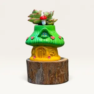Handmade Green and Yellow Mushroom Cottage Gypsum Planter 10–15 cm