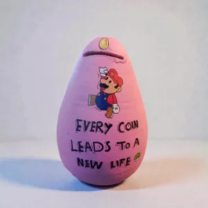 Hand-Painted Lavender Clay Piggy Bank with Illustrated Quote 17x12 cm