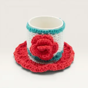Handmade Cotton Crochet Rose Mug Set with Sleeve and Coaster
