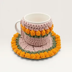 Handmade Cotton Crochet Yellow Tulip Mug Set with Coaster